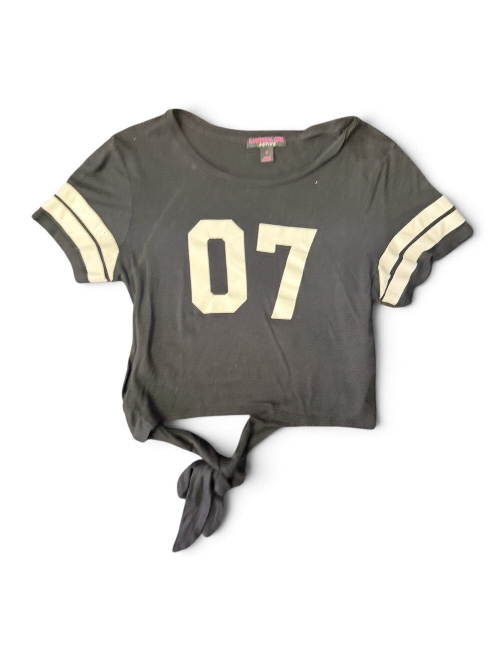 Material Girl Active Small Black Crop Top with Tie Front and 07 Print